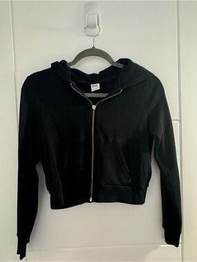 TNA Black Waffle-Knit Zip-Up Hoodie. Note: The pull tab has fallen off.